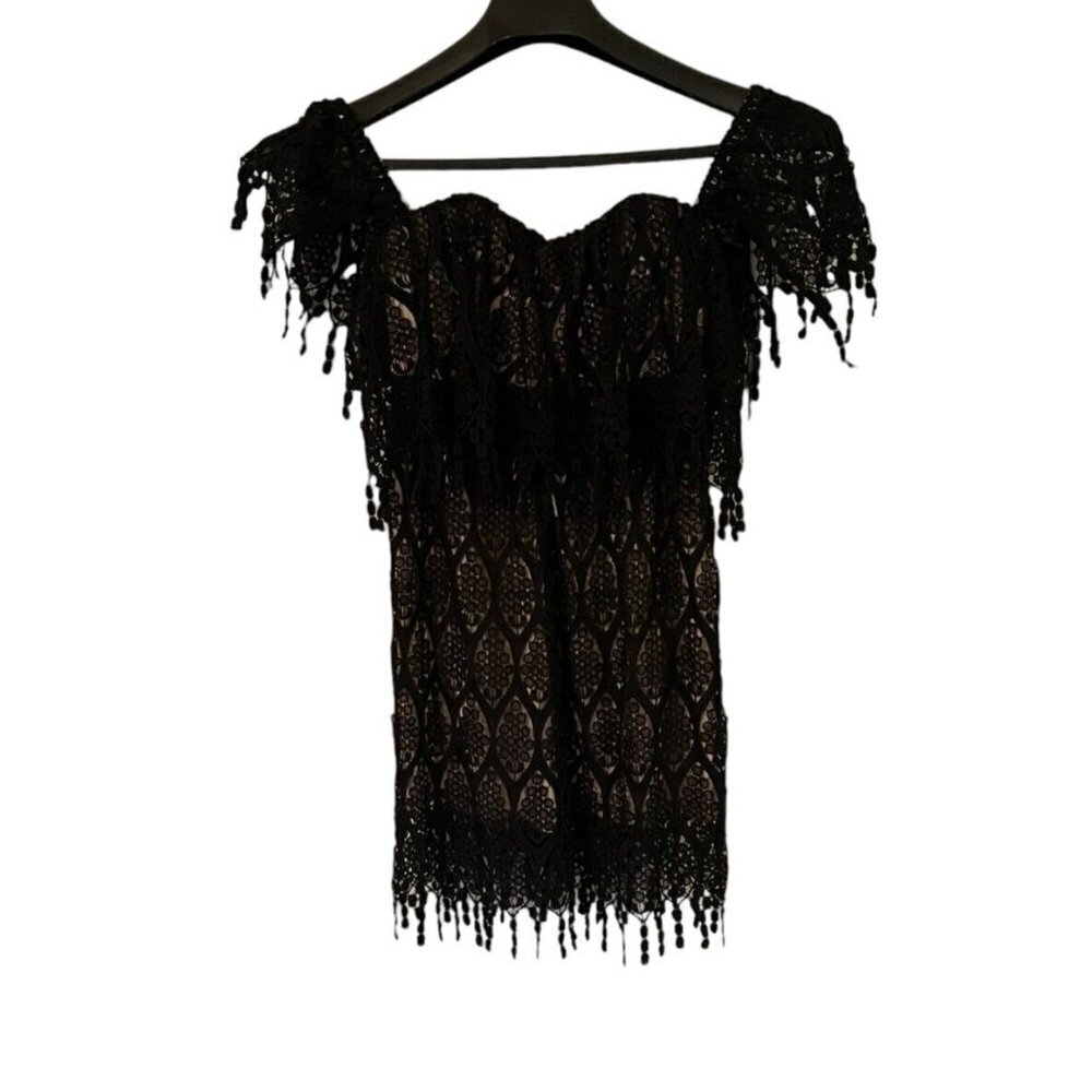 STONE Cold Fox Black Coctail Party Mini Dress Lace‎ Overlay Off the Shoulder 1